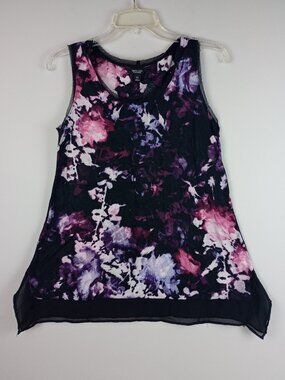 Simply Vera Verawang Womens XS Black Purple‎ Floral Sheer Edging Flowy Tank Top